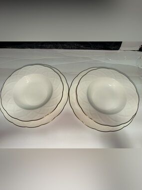 4 Vtg Mikasa WHITE HOUSE Gold, ivory Basket Weave Wide Rim